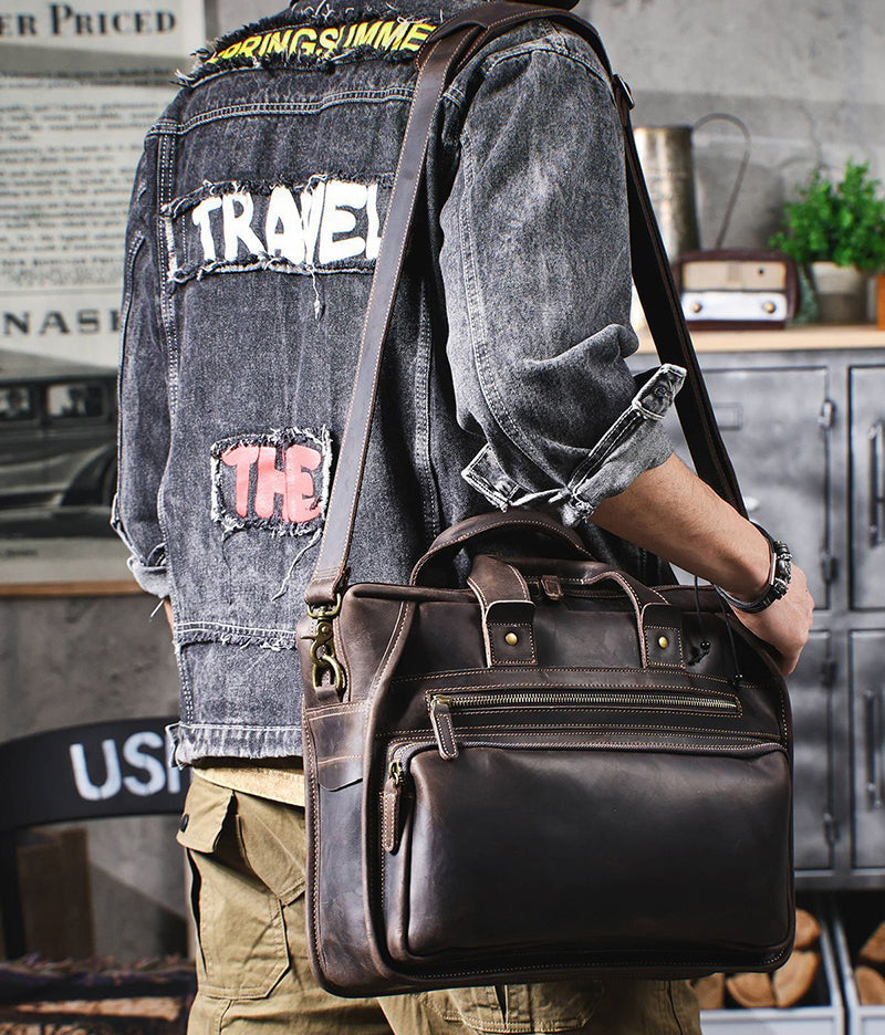 Full Grain Leather Laptop Bag Briefcase Leather Messenger Bag For Men Retro Leather Satchel Portfolio