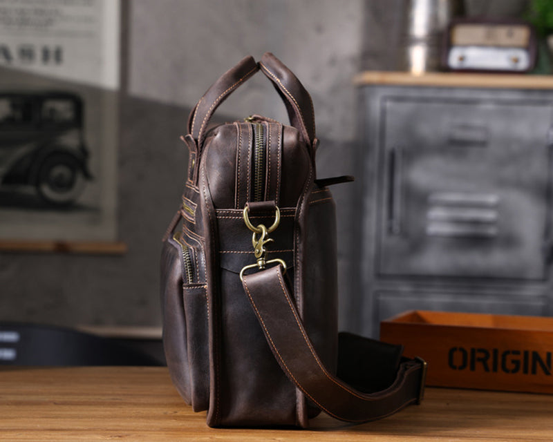 Full Grain Leather Laptop Bag Briefcase Leather Messenger Bag For Men Retro Leather Satchel Portfolio