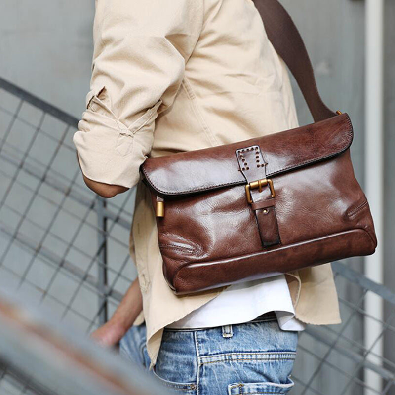 Full Grain Leather Men's Shoulder Bag Vintage Handmade Leather Messenger Bag Leather Crossbody Bag