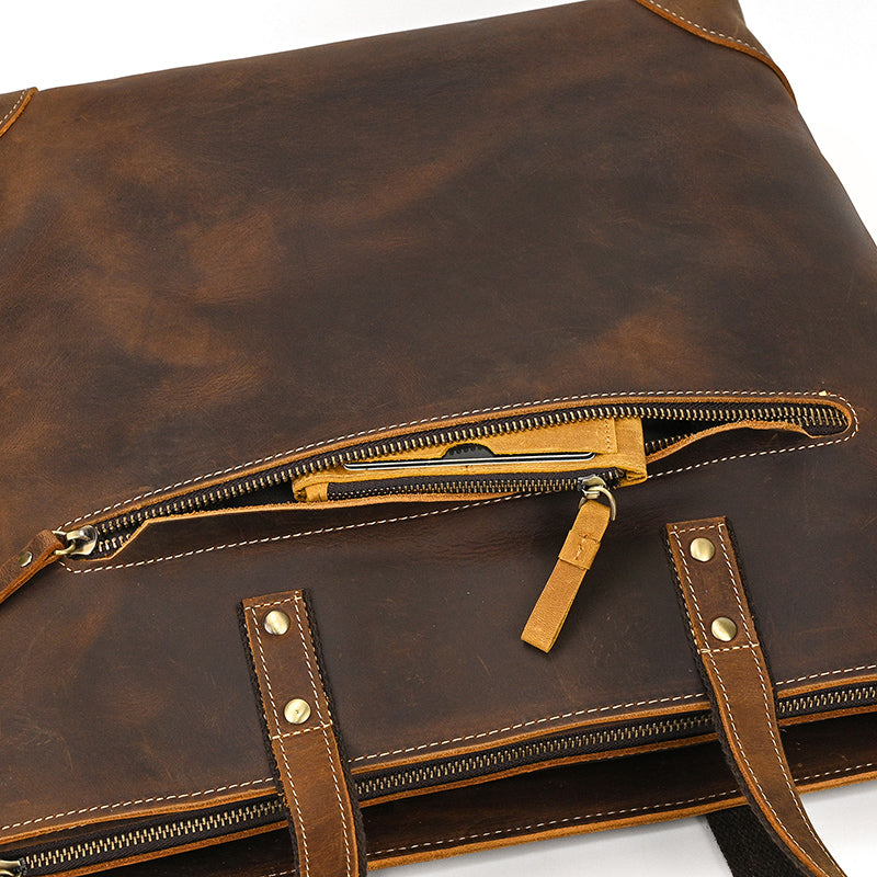 Full Grain Leather Tote Bag Handcrafted Office Bag Leather Shoulder Bag Women Tote With Zipper Outside Pocket
