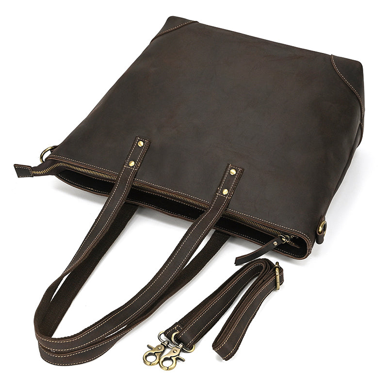 Full Grain Leather Tote Bag Handcrafted Office Bag Leather Shoulder Bag Women Tote With Zipper Outside Pocket