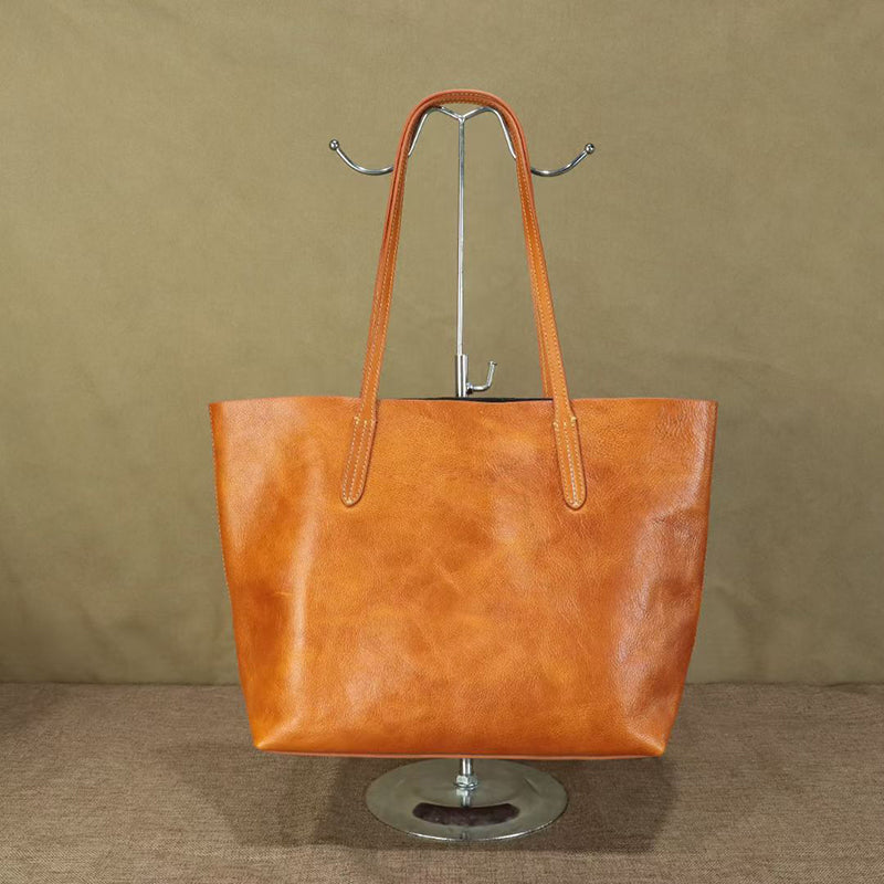 Full Grain Leather Tote Classic Everyday Use Tote Bag Work Student Bag Leather Shoulder Bag For Women