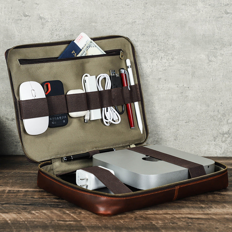 Full Grain Leather Travel Cable Organizer Bag Travel Electronics Accessories Bag Leather Tech Organizer