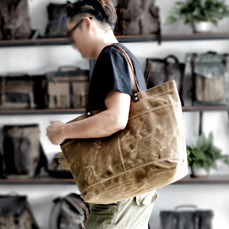 Waxed Canvas Shoulder Bag with Leather Handle, Canvas Everyday Tote Bag, Unisex Handbag