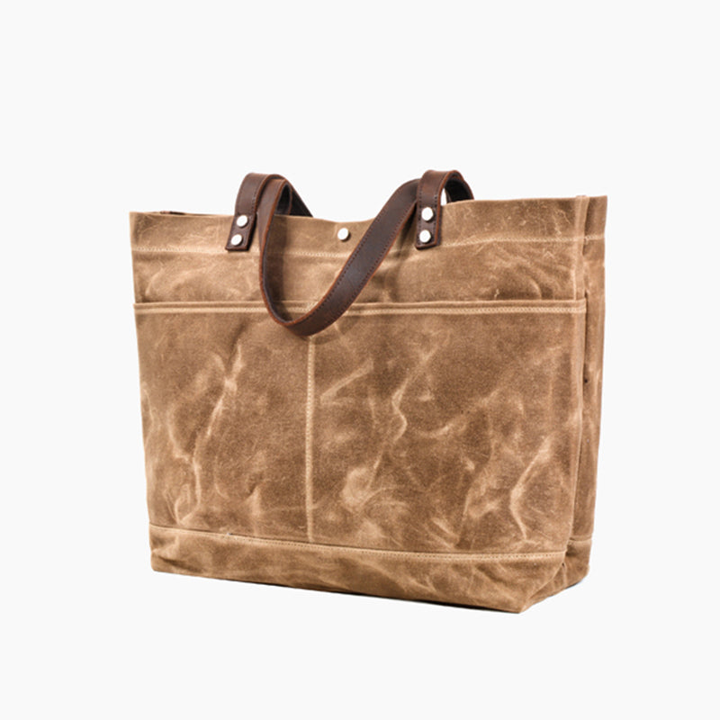 Waxed Canvas Shoulder Bag with Leather Handle, Canvas Everyday Tote Bag, Unisex Handbag