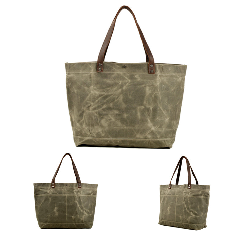 Waxed Canvas Shoulder Bag with Leather Handle, Canvas Everyday Tote Bag, Unisex Handbag