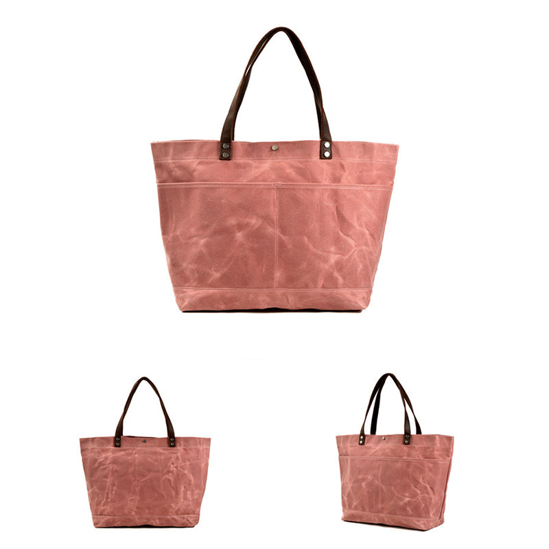 Waxed Canvas Shoulder Bag with Leather Handle, Canvas Everyday Tote Bag, Unisex Handbag
