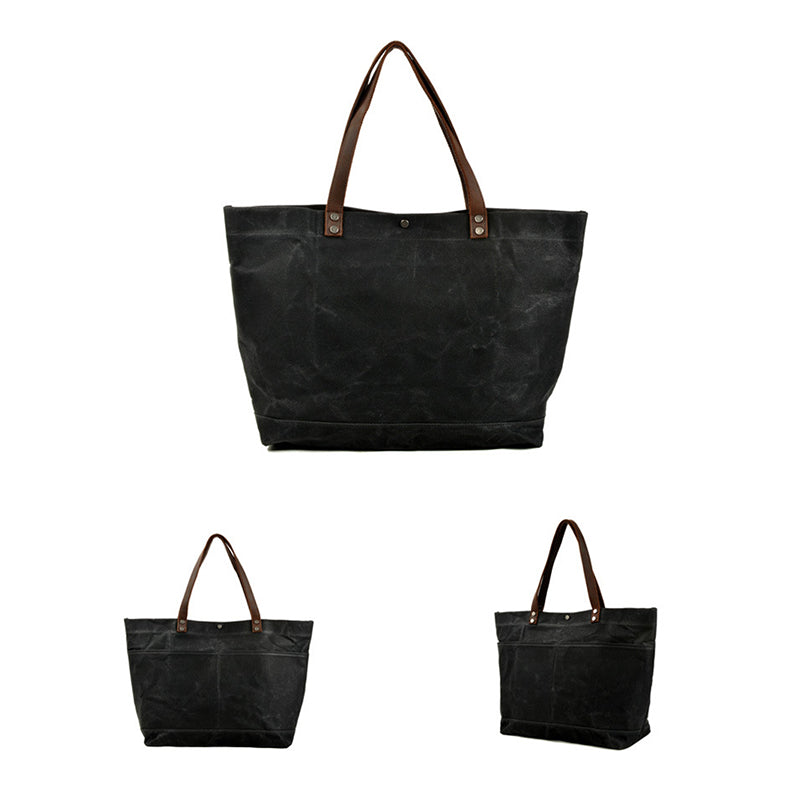 Waxed Canvas Shoulder Bag with Leather Handle, Canvas Everyday Tote Bag, Unisex Handbag