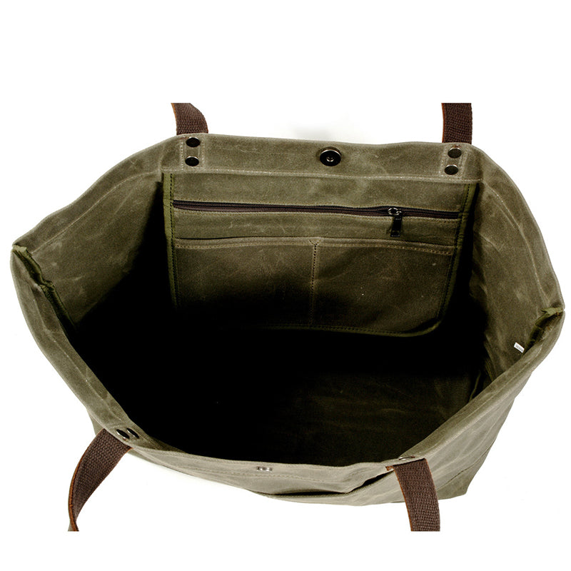 Waxed Canvas Shoulder Bag with Leather Handle, Canvas Everyday Tote Bag, Unisex Handbag