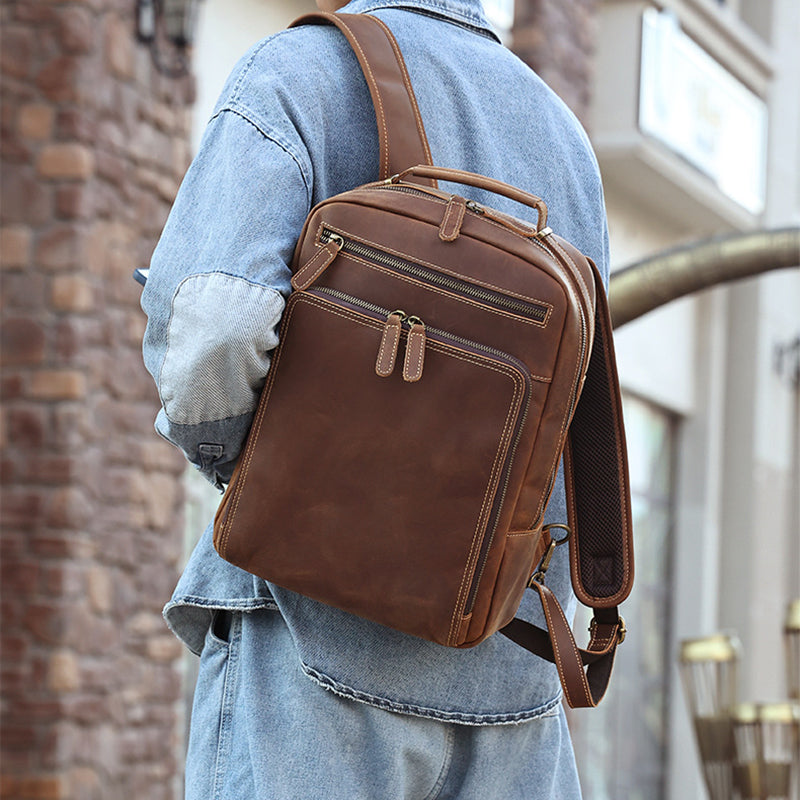 Full Grain Men's Leather Backpack Retro 15-inch Laptop Backpack Handcrafted Cow Leather Backpack