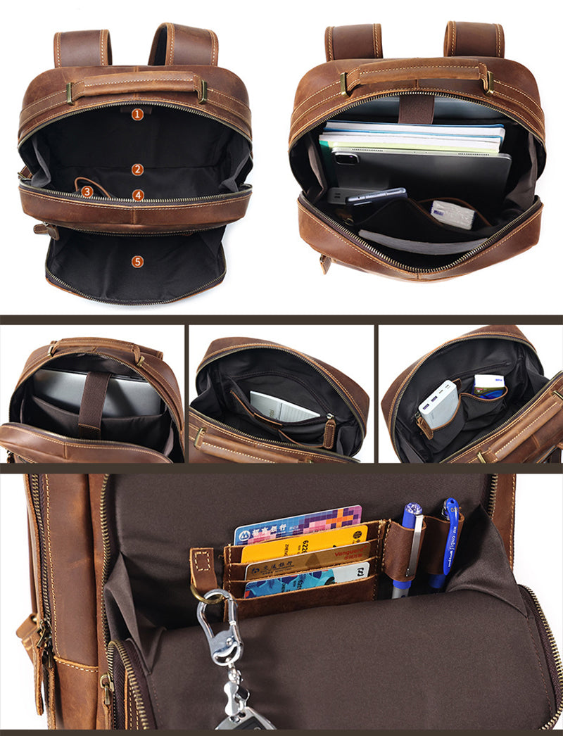 Full Grain Men's Leather Backpack Retro 15-inch Laptop Backpack Handcrafted Cow Leather Backpack