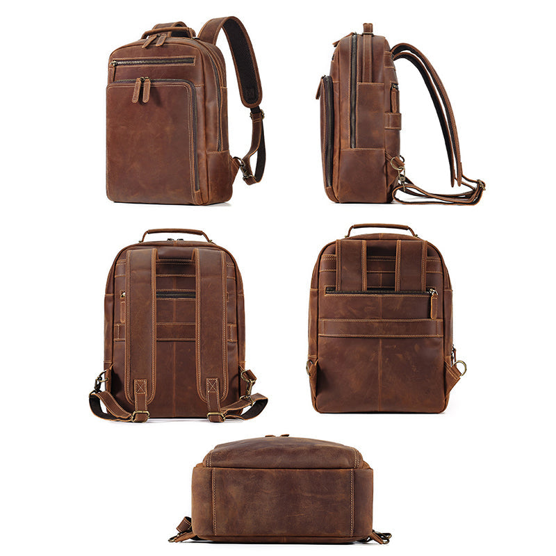 Full Grain Men's Leather Backpack Retro 15-inch Laptop Backpack Handcrafted Cow Leather Backpack