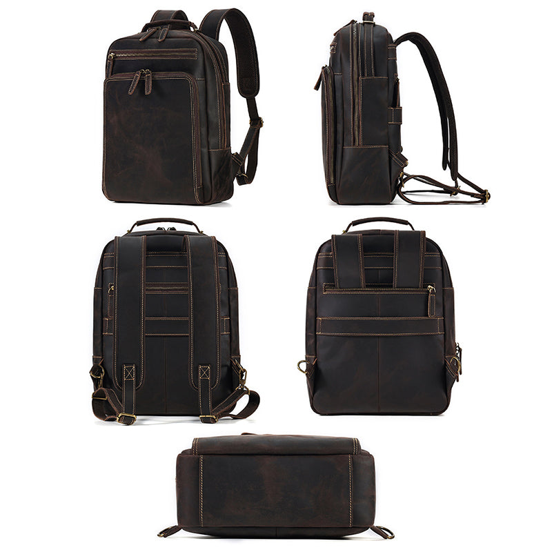 Full Grain Men's Leather Backpack Retro 15-inch Laptop Backpack Handcrafted Cow Leather Backpack