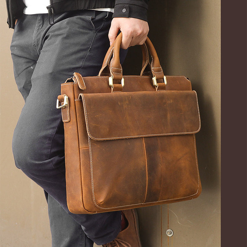 Handmade Crazy Horse Leather Briefcase Men's Business Cross Body Bags Leather Handbags 7113