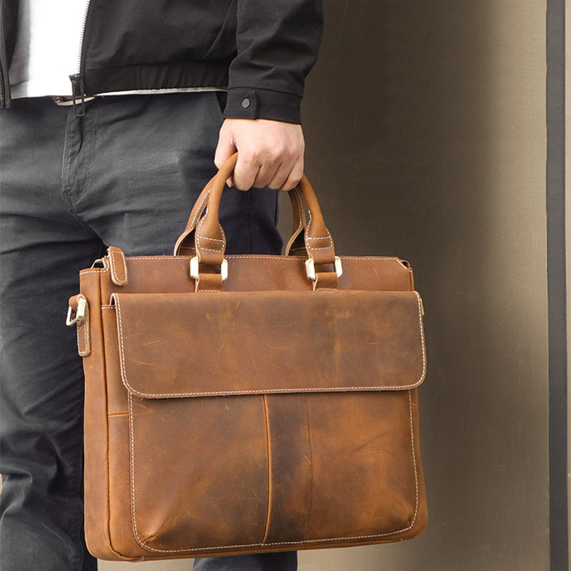 Handmade Crazy Horse Leather Briefcase Men's Business Cross Body Bags Leather Handbags 7113