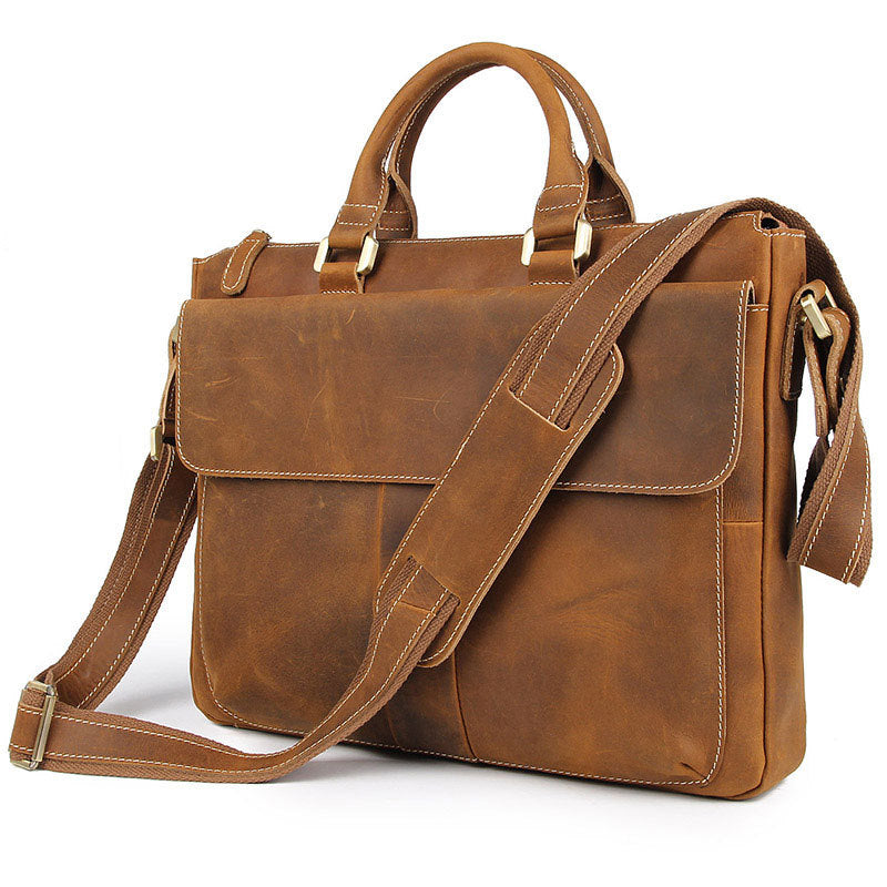 Handmade Crazy Horse Leather Briefcase Men's Business Cross Body Bags Leather Handbags 7113