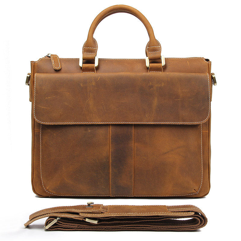 Handmade Crazy Horse Leather Briefcase Men's Business Cross Body Bags Leather Handbags 7113