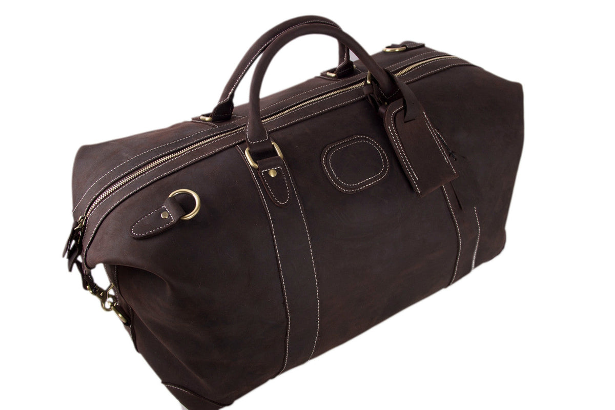 Men's Vintage Full-Grain Leather Duffle, Premium Weekender