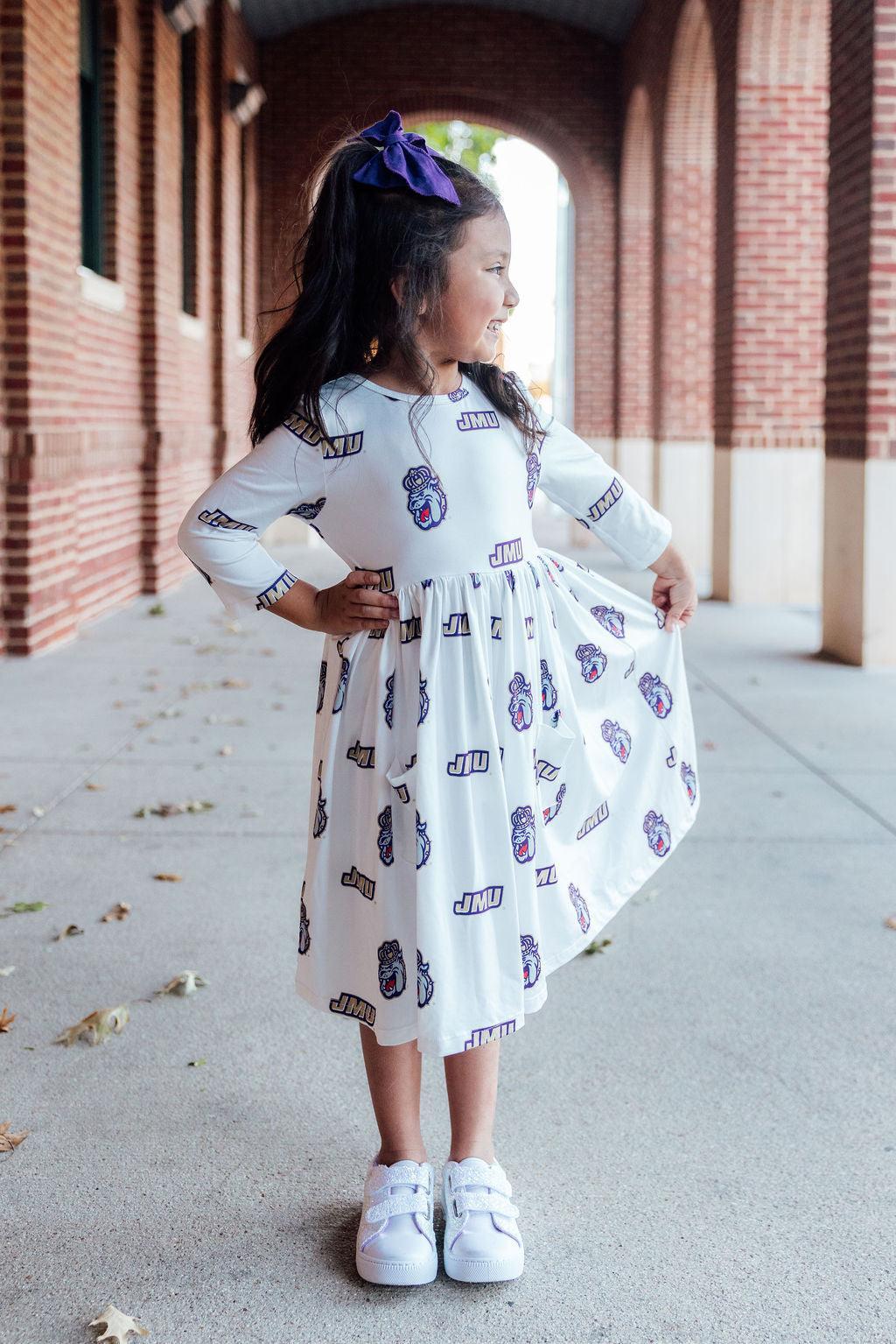 SALE JMU White Duke Dog 3/4 Sleeve Pocket Twirl Dress