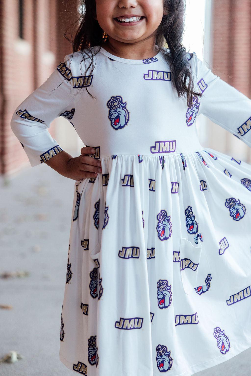 SALE JMU White Duke Dog 3/4 Sleeve Pocket Twirl Dress