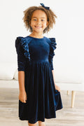 Navy Velvet Ruffle Twirl Dress