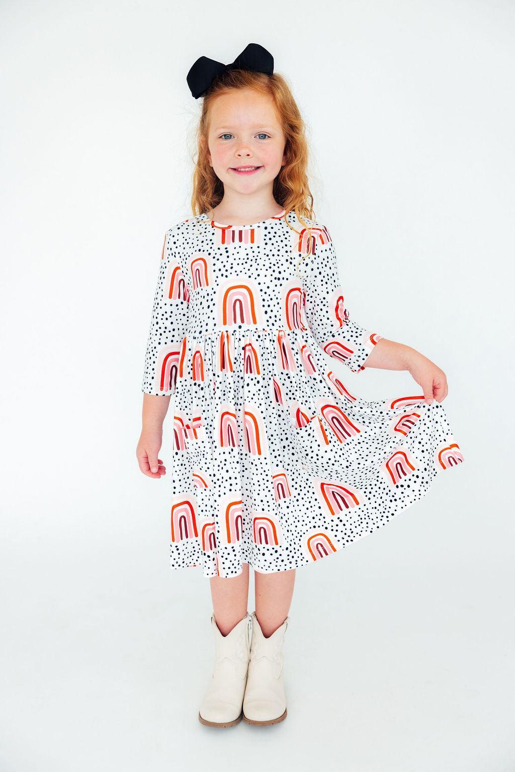 Peach Rainbow 3/4 Sleeve Pocket Twirl Dress