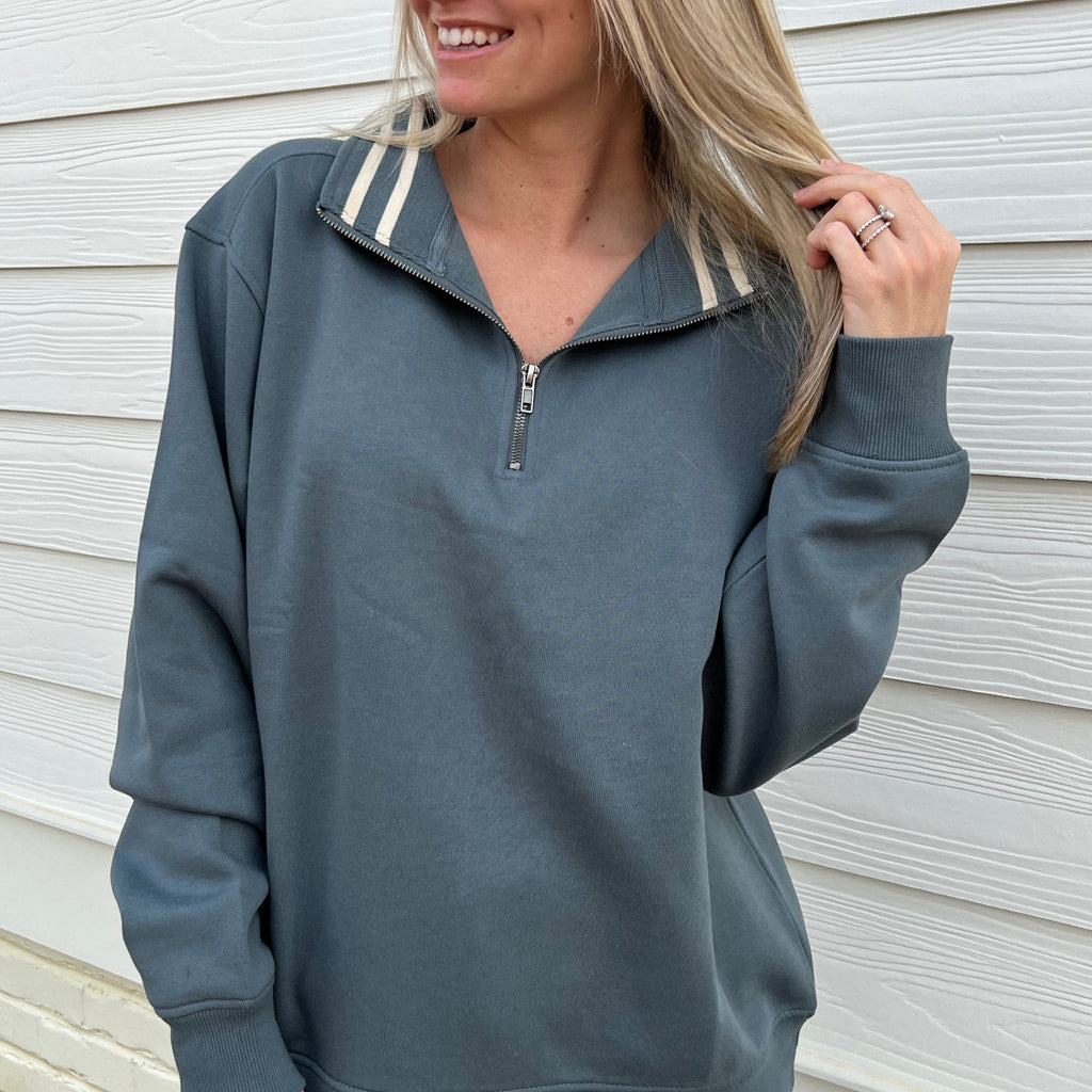 Still Water/Tapioca Stripe Quarter Zip Pullover