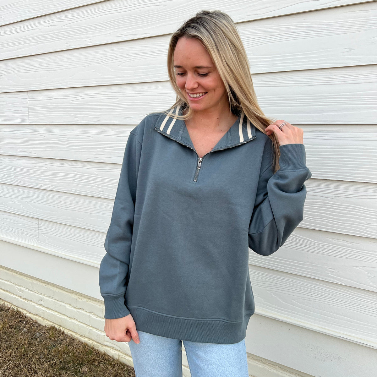 Still Water/Tapioca Stripe Quarter Zip Pullover