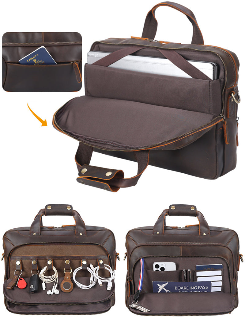 Vintage Leather Briefcase 15.6" Laptop Bag Full Grain Leather Messenger Bag Travel Shoulder Bag Crossbody Bag