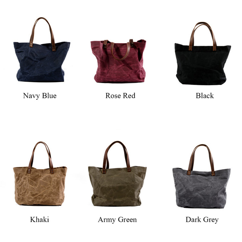 Waterproof Waxed Canvas Handbag Full Grain Leather With Canvas Tote Bag Vintage Style Big Shoulder Bag
