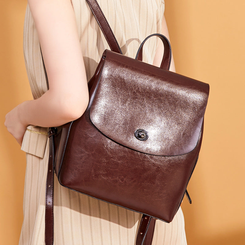 Women's Top Grain Leather Backpack Simple Style City Backpack Natural Cowhide Leather Rucksack Classic Elegant Leather Backpack