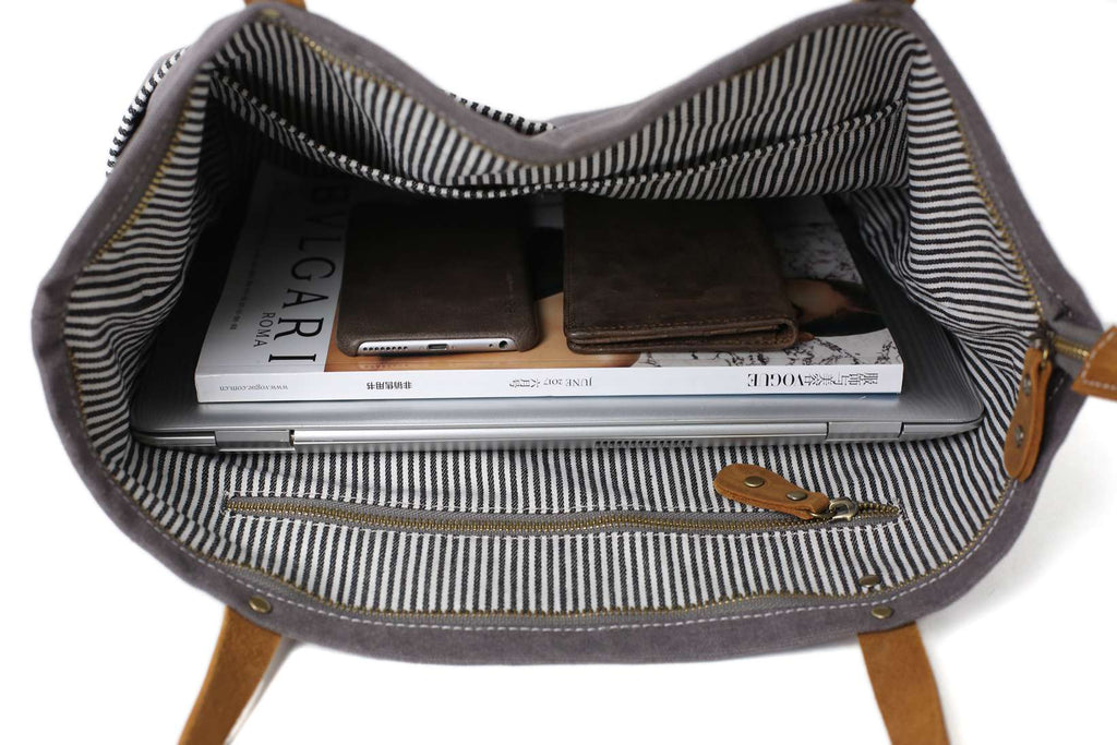 Handmade Canvas Tote Bag, Shoulder Bag With Leather Handle, School Bag