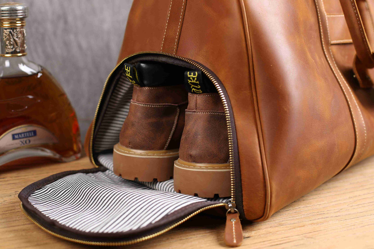 Vintage Crazy Horse Leather Duffle, Weekender with Shoe Compartment