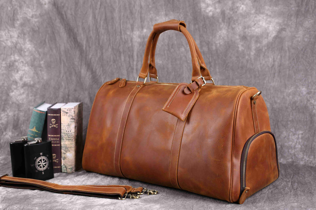 Vintage Crazy Horse Leather Duffle, Weekender with Shoe Compartment