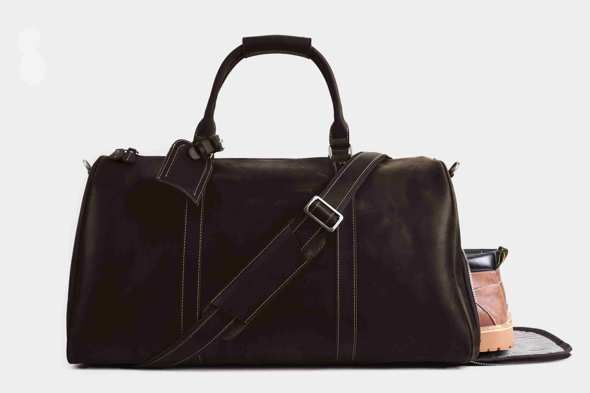 Vintage Crazy Horse Leather Duffle, Weekender with Shoe Compartment