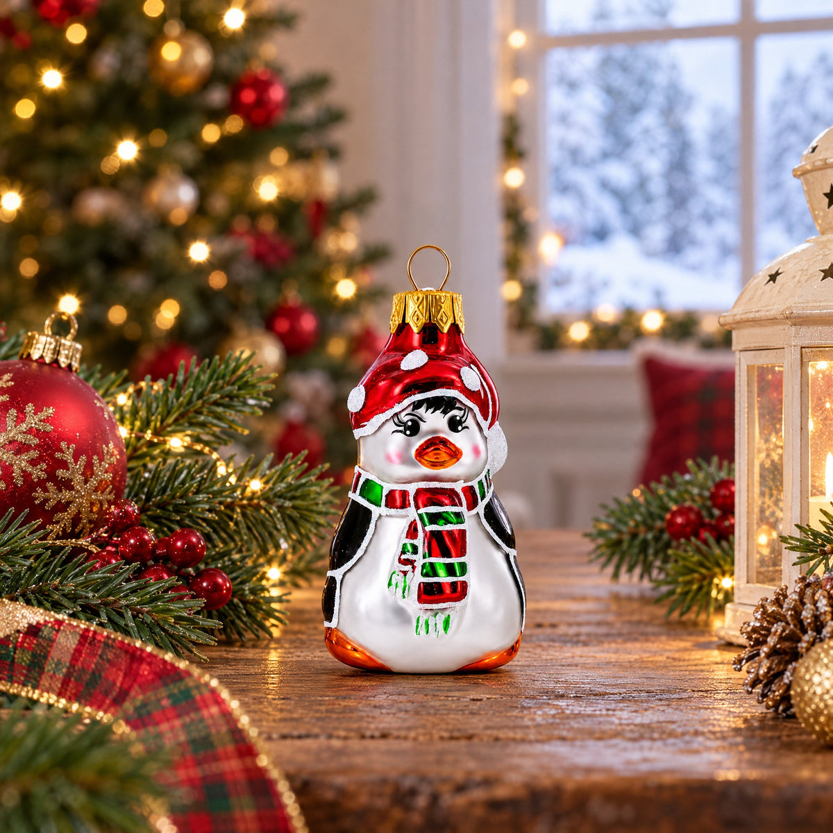 Penguin with Scarf and Hat Glass Christmas Ornament