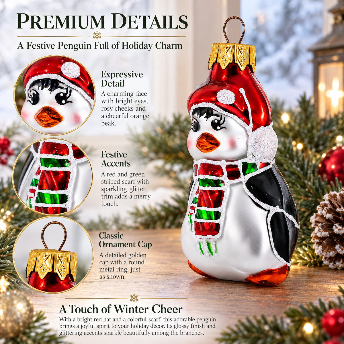 Penguin with Scarf and Hat Glass Christmas Ornament