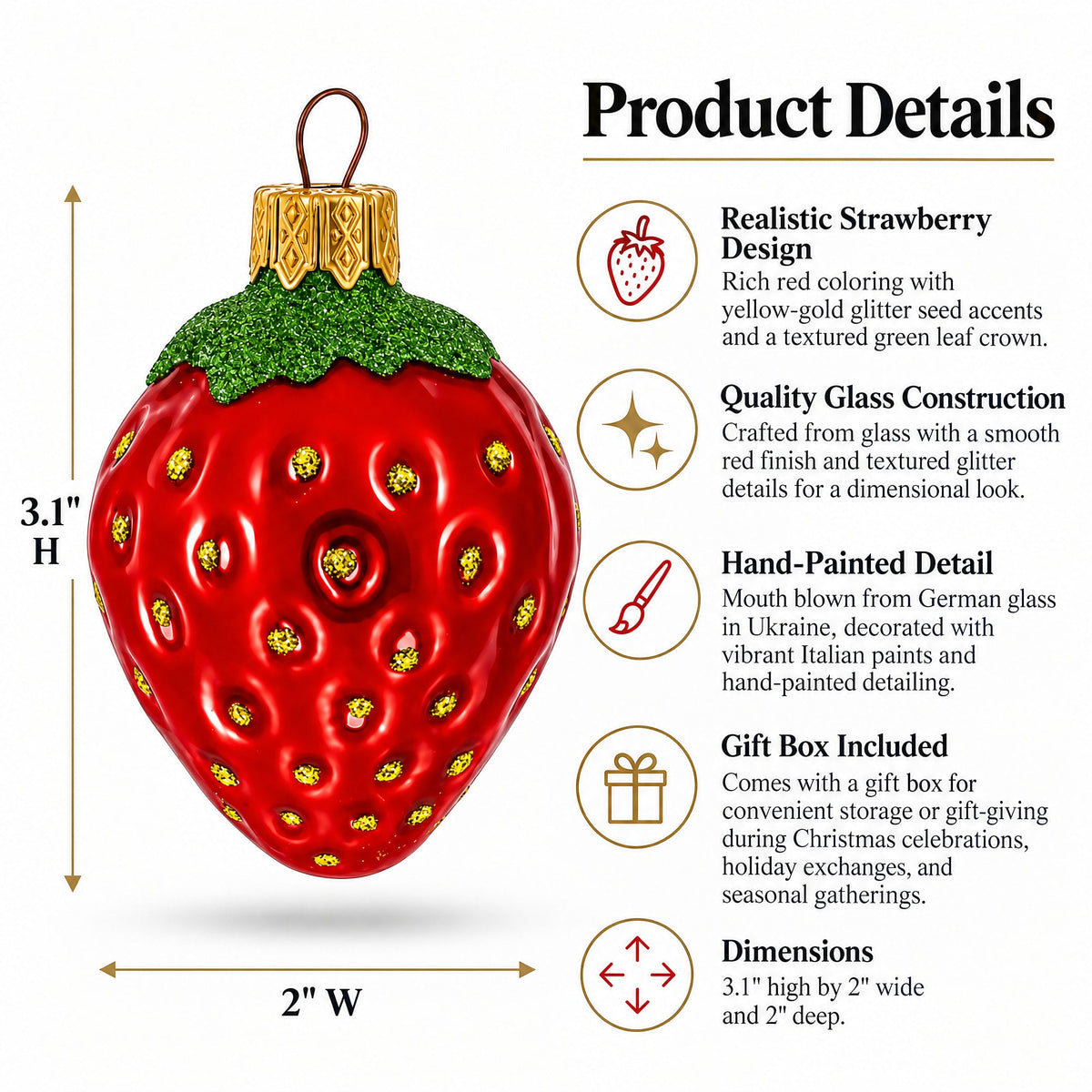 Strawberry with Leaf Glass Christmas Ornament