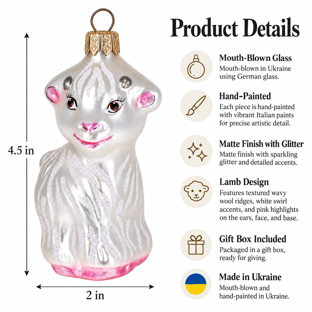 White Lamb and Sparkling Wool Glass Christmas Ornament