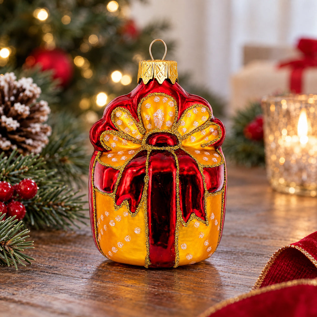 Gift Box with Red Ribbon Glass Christmas Ornament