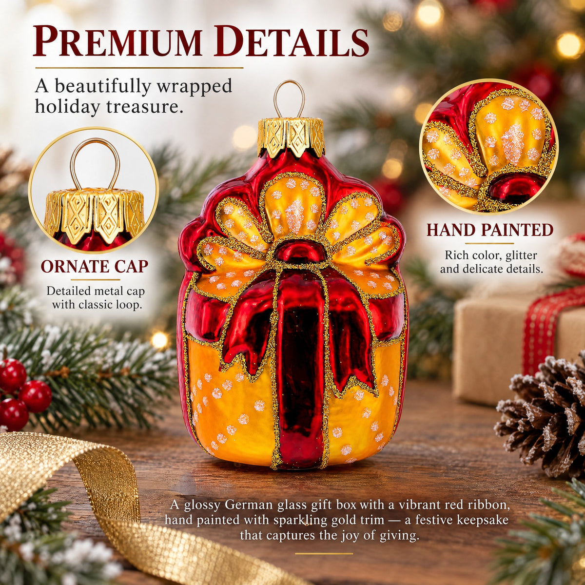 Gift Box with Red Ribbon Glass Christmas Ornament