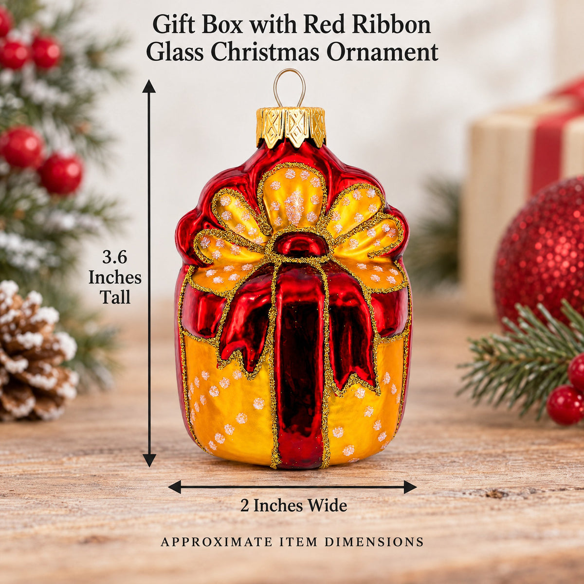 Gift Box with Red Ribbon Glass Christmas Ornament