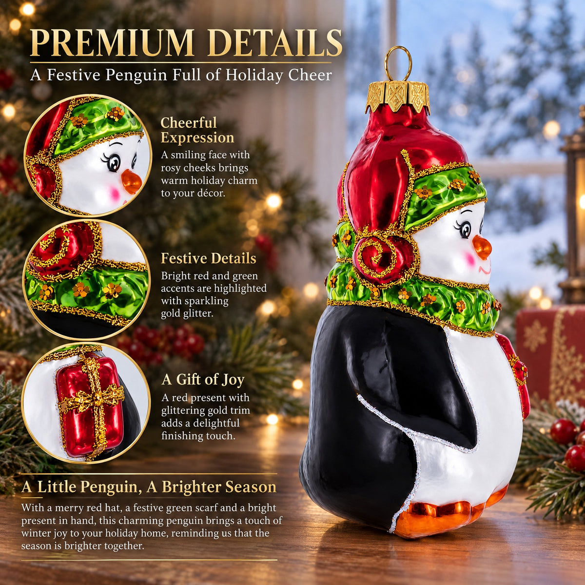 Penguin in Santa Hat with Red Present Glass Christmas Ornament