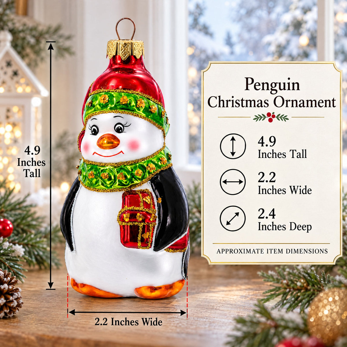 Penguin in Santa Hat with Red Present Glass Christmas Ornament