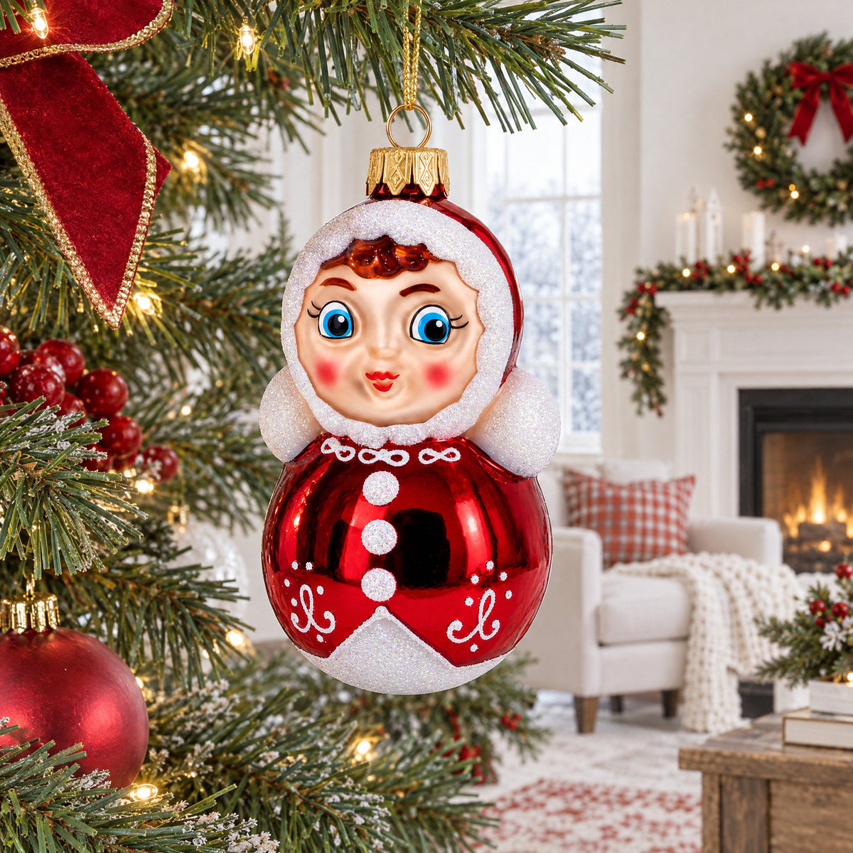 Roly-Poly Doll with Blue Eyes Glass Christmas Ornament