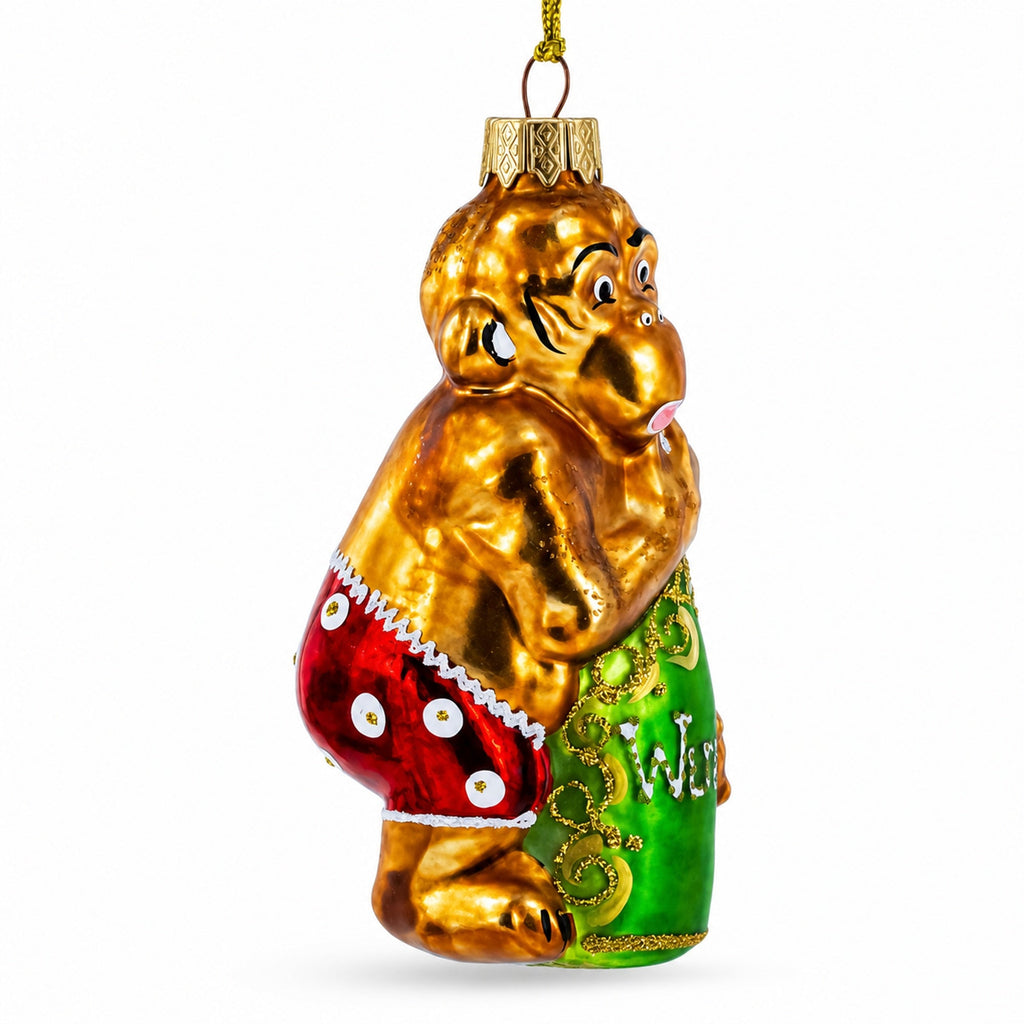 Monkey with Wine Bottle Glass Christmas Ornament