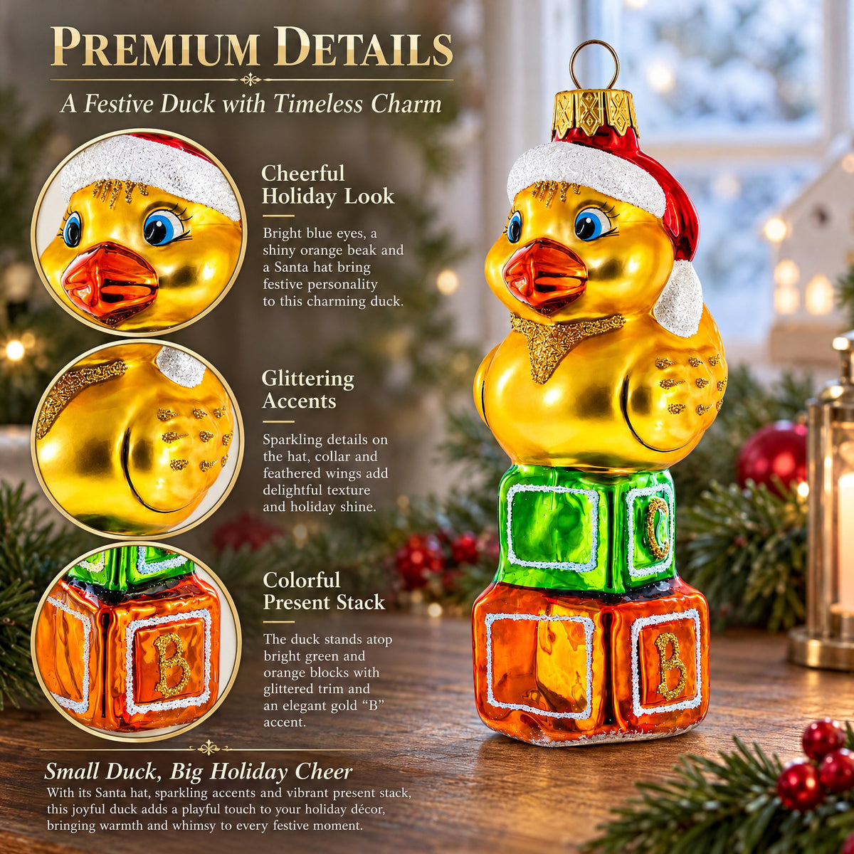 Yellow Duck in Santa Hat on Letter Blocks Glass Christmas Ornament