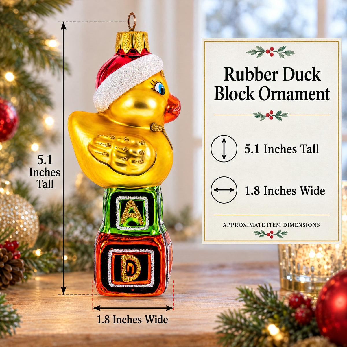 Yellow Duck in Santa Hat on Letter Blocks Glass Christmas Ornament