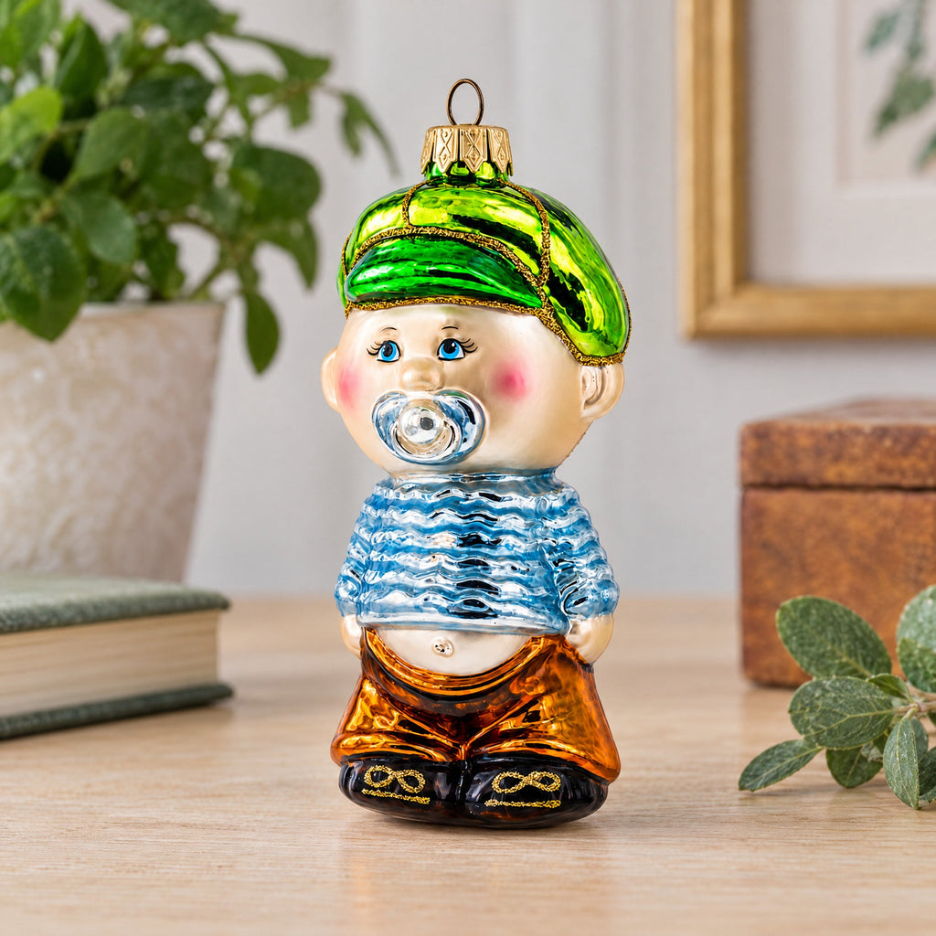 Toddler Boy With Pacifier Glass Christmas Ornament