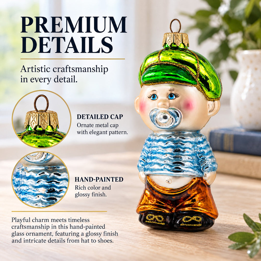 Toddler Boy With Pacifier Glass Christmas Ornament